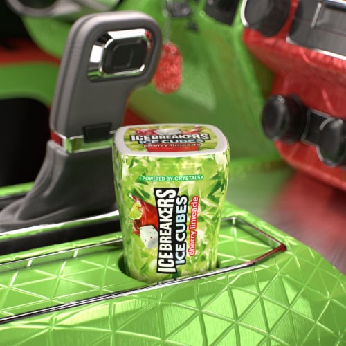 ICE BREAKERS Ice Cubes Cherry Limeade Flavored Sugar Free Chewing Gum Bottle Perspective: top