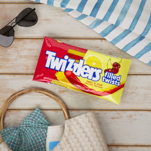 TWIZZLERS Filled Twists Cherry Kick and Citrus Punch Licorice Style Chewy Candy Bag Perspective: top