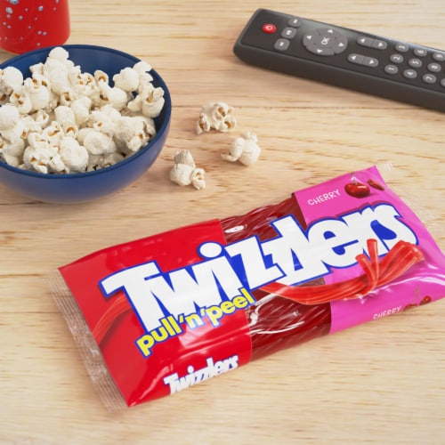 TWIZZLERS PULL 'N' PEEL Cherry Flavored Licorice Style Candy Bag Perspective: top