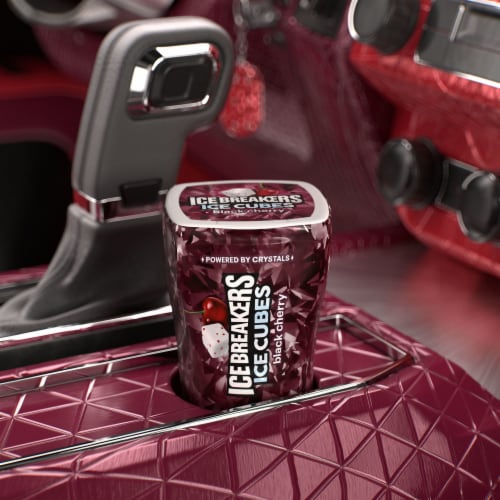ICE BREAKERS Ice Cubes Black Cherry Flavored Sugar Free Chewing Gum Bottle Perspective: top