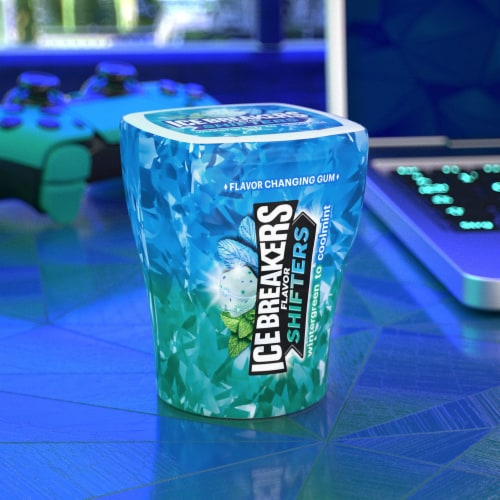 ICE BREAKERS Flavor Shifters Wintergreen to Coolmint Flavored Sugar Free Chewing Gum Bottle Perspective: top