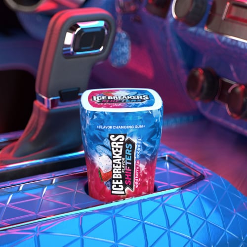 ICE BREAKERS Flavor Shifters Wild Berry to Coolmint Flavored Sugar Free Chewing Gum Bottle Perspective: top