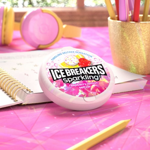 ICE BREAKERS Sparkling Raspberry Lemon Seltzer Flavored Sugar Free Mints Puck Perspective: top