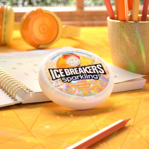 ICE BREAKERS Sparkling Pineapple Mango Seltzer Sugar Free Mints Tins Perspective: top