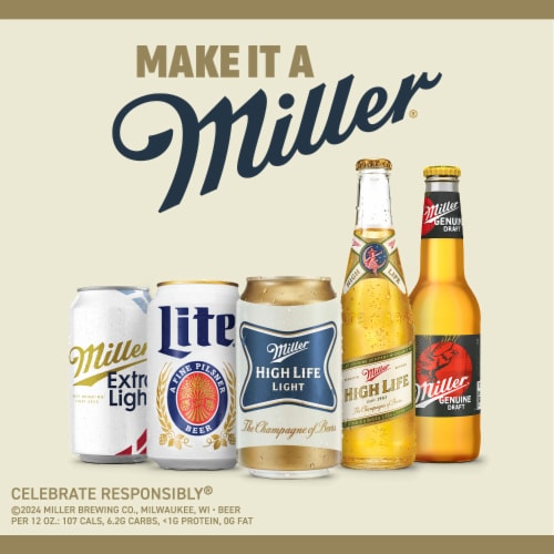 Miller High Life Light Beer, American Style Lager 4.1% ABV Cans Perspective: top