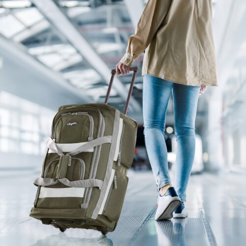 Olympia 22 Inch 8 Pocket Rolling U Shape Duffel Bag w/ Retractable Handle, Green Perspective: top