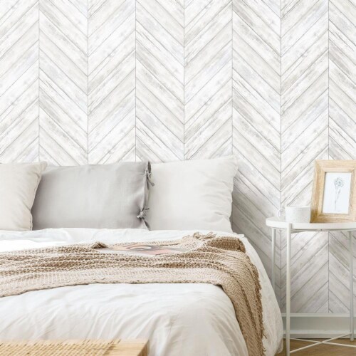 RoomMates Decor Modern Herringbone Wood Boards Look Peel & Stick Wallpaper - White Perspective: top