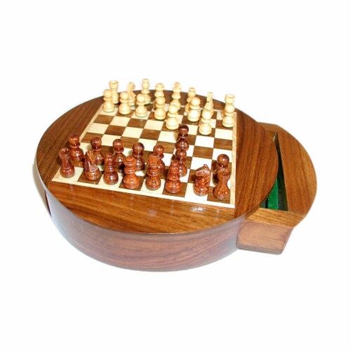 Wordlwise Magnetic Round Wood Inlaid Chess Set Perspective: top