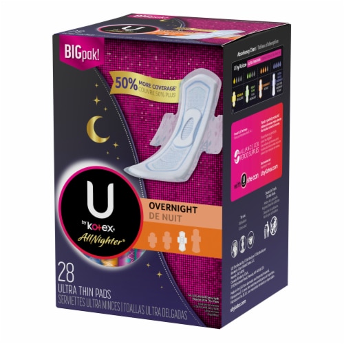 U by Kotex AllNighter Unscented Ultra Thin Overnight Pads with Wings, 28 ct  - Pay Less Super Markets