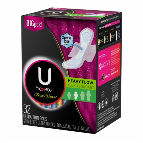 U by Kotex CleanWear Heavy Flow Unscented Ultra Thin Pads with Wings, 32 ct  - Kroger