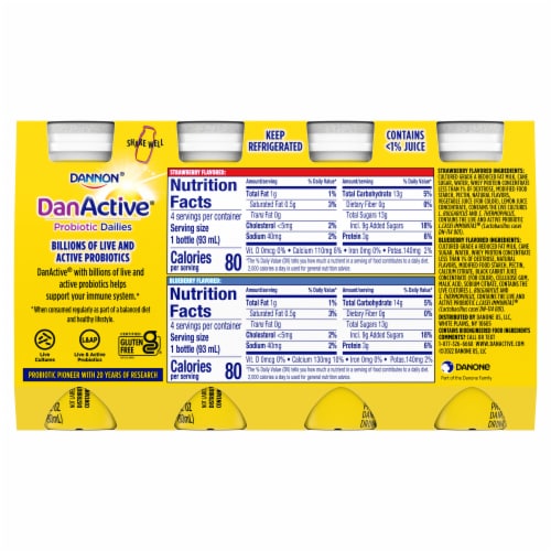DanActive Probiotic Dailies Blueberry and Strawberry Low Fat Yogurt Drinks Perspective: top