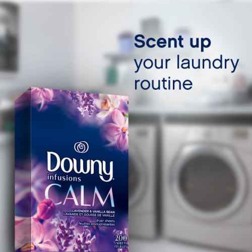 Downy Infusions Calm Lavender & Vanilla Bean Fabric Softener Dryer Sheets Perspective: top