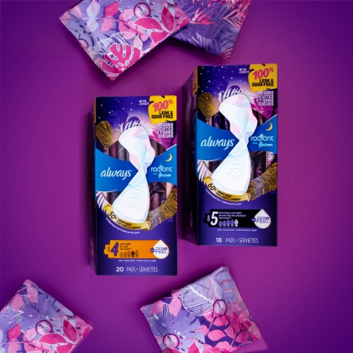 Always Radiant Size 4 with Wings Overnight Absorbency Scented Pads Perspective: top