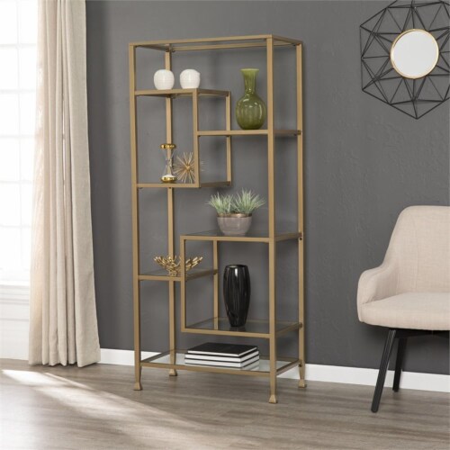 SEI Furniture Jaymes Metal Glass Asymmetrical Bookcase in Soft