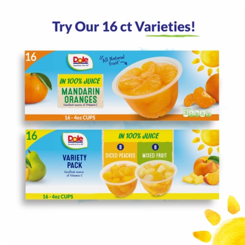 DOLE® Fruit Bowls® Yellow Cling Diced Peaches & Mixed Fruit in 100% Fruit Juice Cups Variety Pack Perspective: top