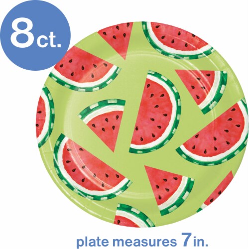 Party Creations Summer Outdoor Paper Dessert Plates - Watermelon Stripes Perspective: top
