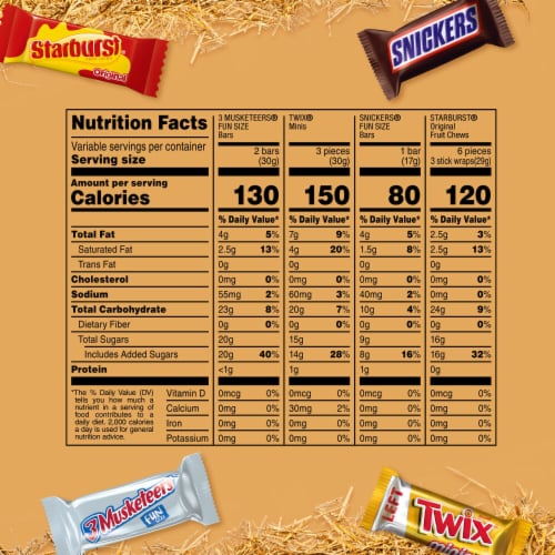 Snickers & Starburst & Twix & 3 Musketeers Share Size Halloween Candy Assortment Perspective: top