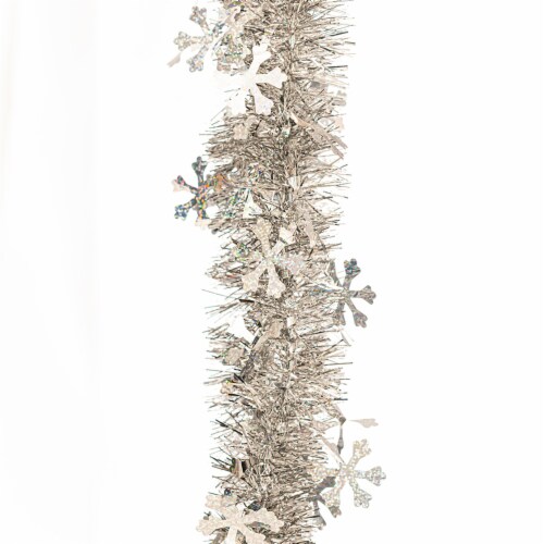 Holiday Home® Silver Snowflake Tinsel Garland Perspective: top