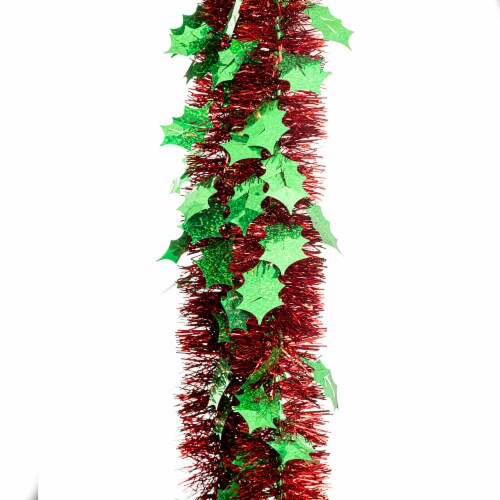 Holiday Home Green Holly Leaves and Red Tinsel Garland Perspective: top