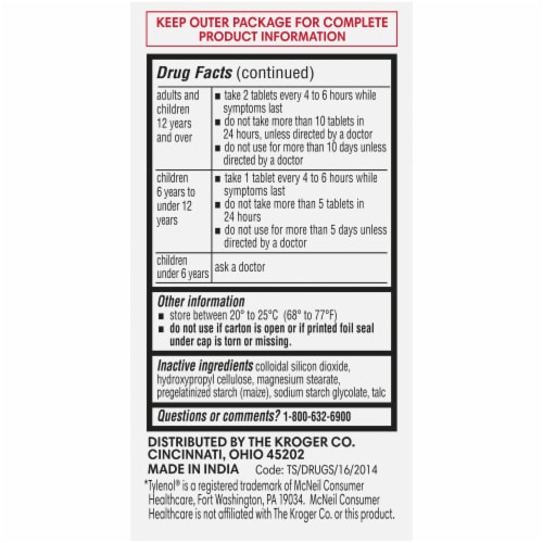 Kroger® Regular Strength Acetaminophen Pain Reliever & Fever Reducer Tablets 325mg Perspective: top
