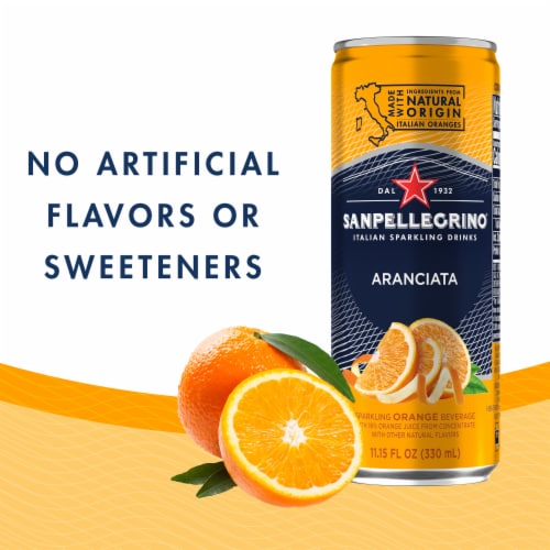 San Pellegrino Aranciata Flavored Sparkling Water Cans with Italian Fruit Juice Perspective: top