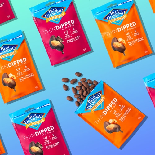 Blue Diamond® Thin Dipped Dark Chocolate Sea Salt Caramel Almonds Perspective: top