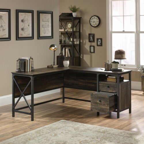 Sauder steel river l shaped writing shop desk in carbon oak and black