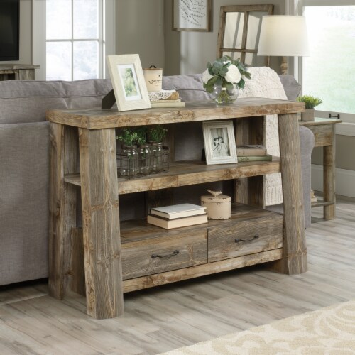 Sauder Boone Mountain Media Stand For TVs up to 47  in Rustic Cedar Perspective: top