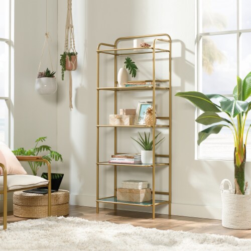 Sauder Coral Cape 5 Shelf Glass and Metal Bookcase in Satin Gold 1 Dillons Food Stores