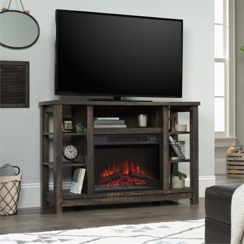 Sauder Wooden Fireplace Credenza TV Stand in Cartbon Oak 1 Kroger