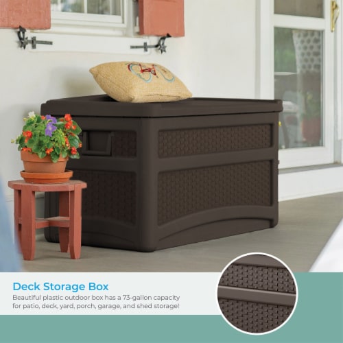 Suncast DBW7500 73 Gallon Outdoor Patio Storage Chest with Handles & Seat, Java Perspective: top