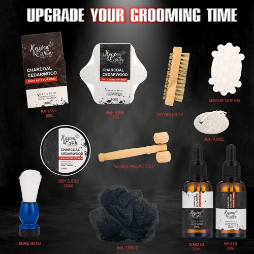 Grooming Kit for Men 18-Piece Gift Set. Charcoal Cedarwood, Natural. Bath & Body Perspective: top