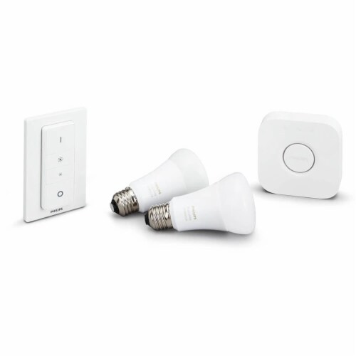 Hue 464776 White Ambiance Starter Kit(2 A19 Bulbs, Hub Bridge, and Dimmer Switch) Perspective: top
