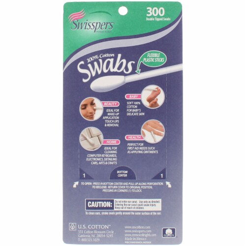 Swisspers® Cotton Swabs 100% Cotton Double-Tipped White Plastic Sticks Perspective: top