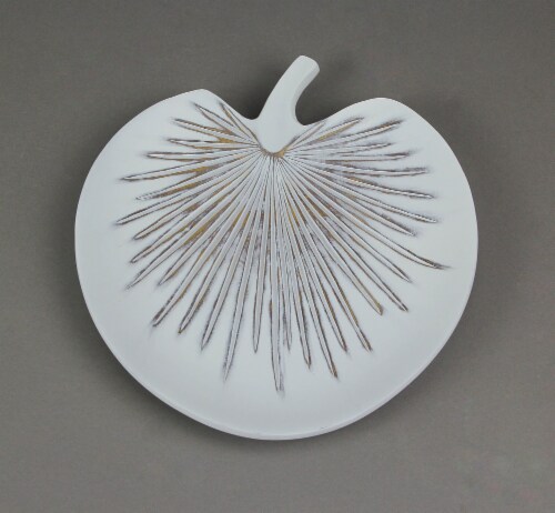 Antiqued White Tropical Fan Palm Leaf Decorative Ceramic Plate Perspective: top