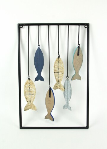 Set of 2 Decorative Wood Metal Wicker Fish Wall Hanging Art