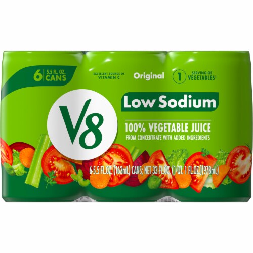 V8 Low Sodium Original 100% Vegetable Juice 5.5 fl oz Can (6 Pack) Perspective: top