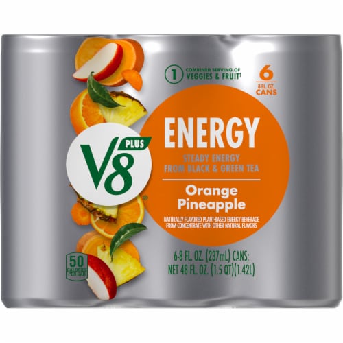 V8® +Energy Orange Pineapple Juice Energy Drink Can Perspective: top