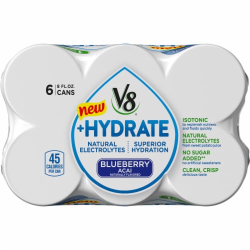 V8 +Hydrate Blueberry Acai Plant Based Hydrating Beverage 6 Cans Perspective: top