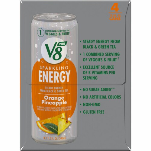 V8+® Energy Sparkling Orange Pineapple Juice Energy Drink Can Perspective: top