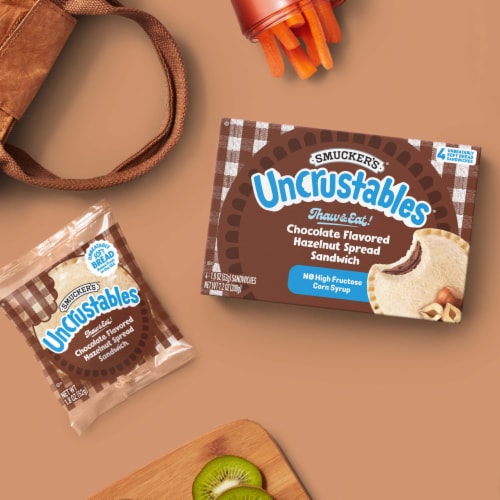 Smucker's Uncrustables Chocolate Flavored Hazelnut Spread Sandwiches, 1.8 oz, 4 Count (Frozen) Perspective: top