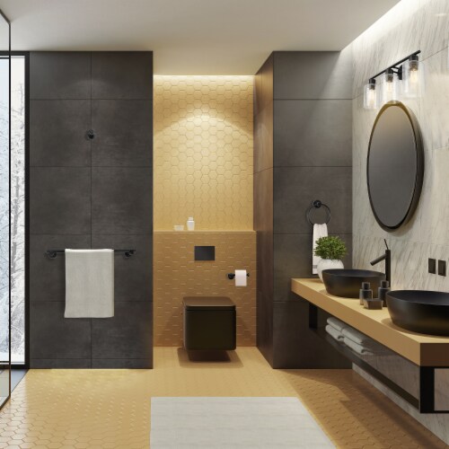 Bristol 5-Piece All-In-One Bathroom Set, Matte Black, 3-Light Vanity Light Perspective: top