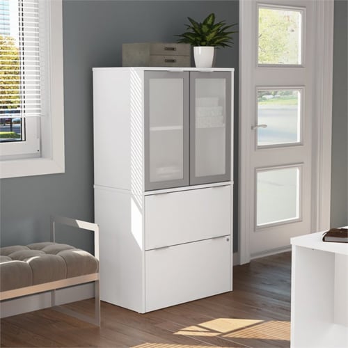 Bestar i3 Plus 2 Drawer Door File Cabinet in White Perspective: top
