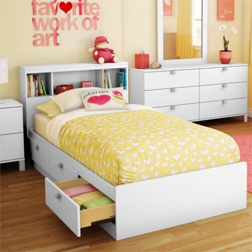 White bed with clearance headboard storage