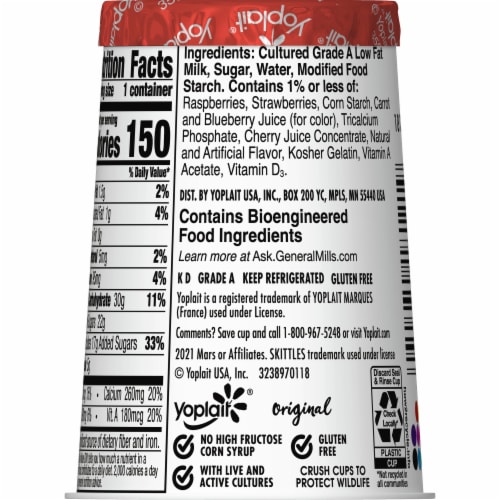 Yoplait Original Skittles Wild Berry Low Fat Yogurt Cup Perspective: top