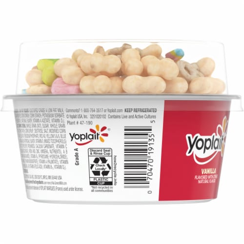 Yoplait Low Fat Vanilla Kids Yogurt & Lucky Charms Cereal Snack Perspective: top