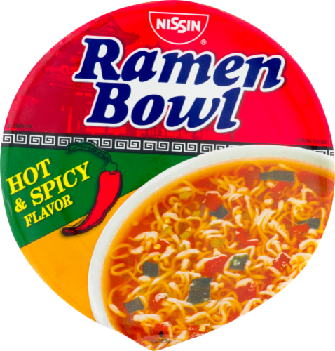 Nissin Hot & Spicy Flavor Ramen Noodle Bowl Perspective: top