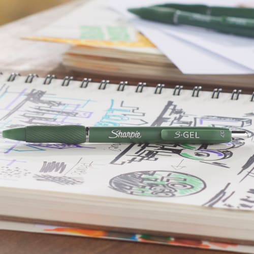 Sharpie® S-Gel, Gel Pens, Medium Point (0.7mm), Green Barrel, Black Ink, 4 Count Perspective: top