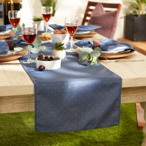 Dii French Blue Tonal Lattice Print Outdoor Table Runner Perspective: top