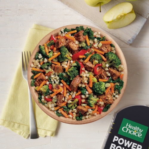 Healthy Choice Power Bowls Spicy Beef Teriyaki With Riced Cauliflower Frozen Meal Perspective: top